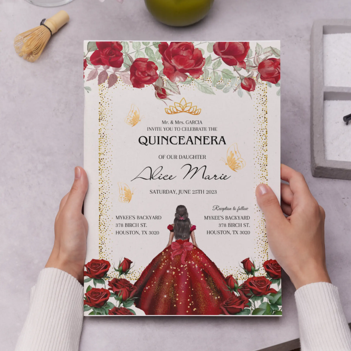 Red Floral Gold Butterflies Princess Quinceañera Invitation Template - CreativeRino