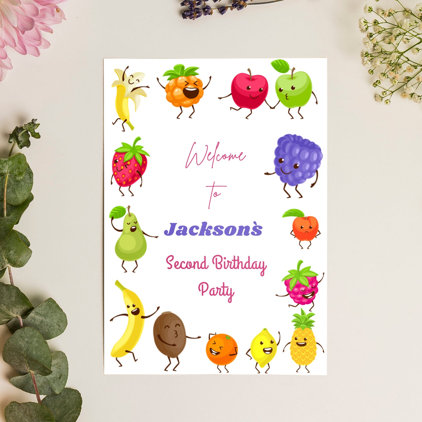 Hey Bear Dancing Fruit Birthday Welcome Sign Template