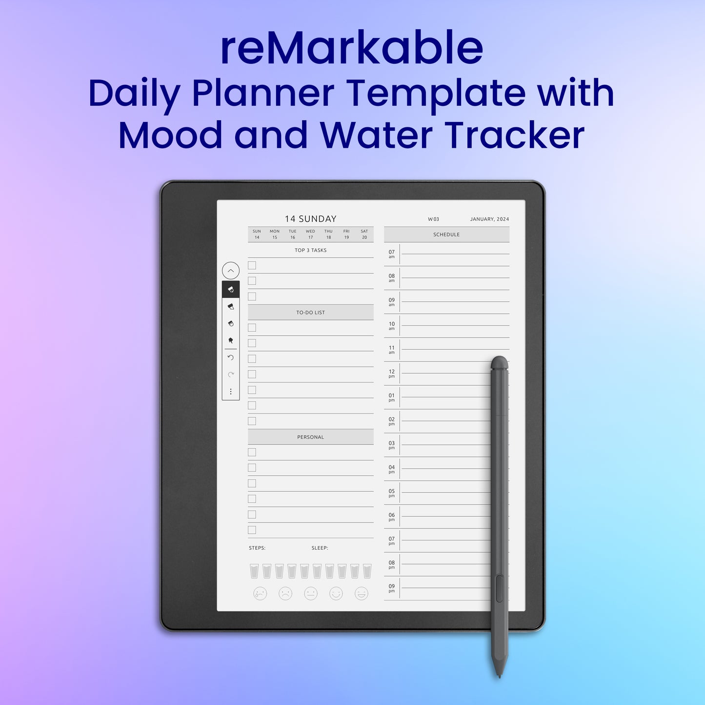 reMarkable 2 Daily Planner Template with Mood and Water Tracker Planner Template