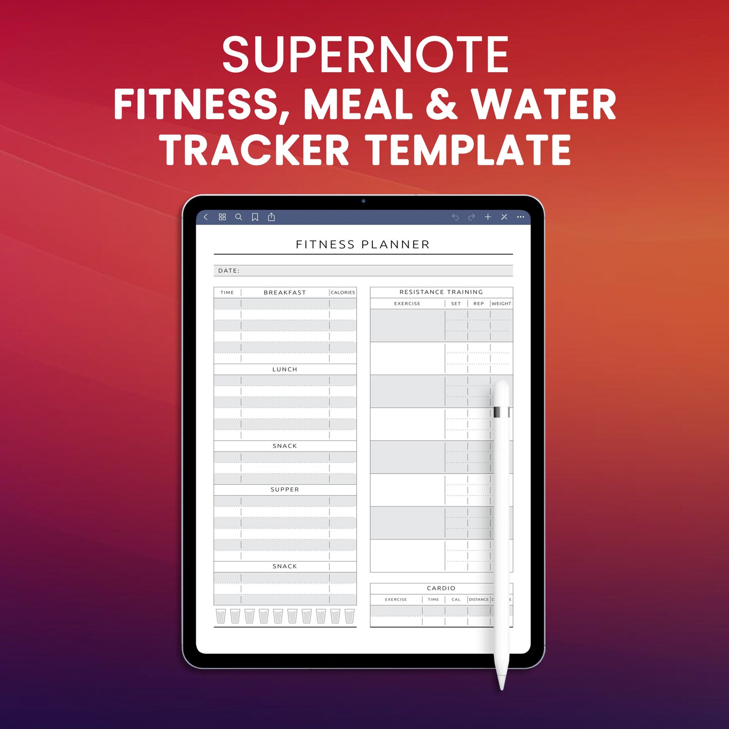 Supernote Fitness, Meal & Water Tracker Template Planner Template