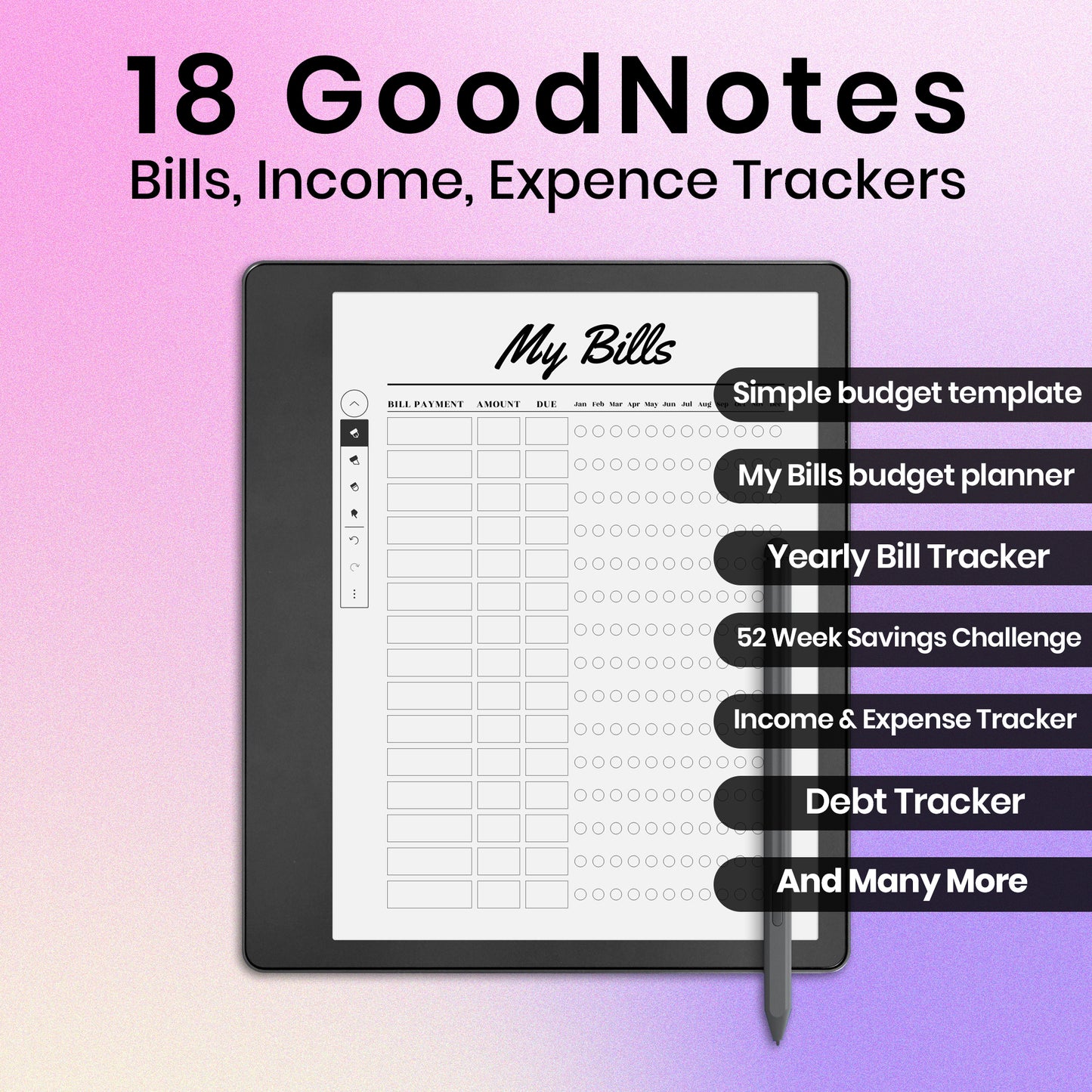 18 GoodNotes Bills Income Expence Trackers Template