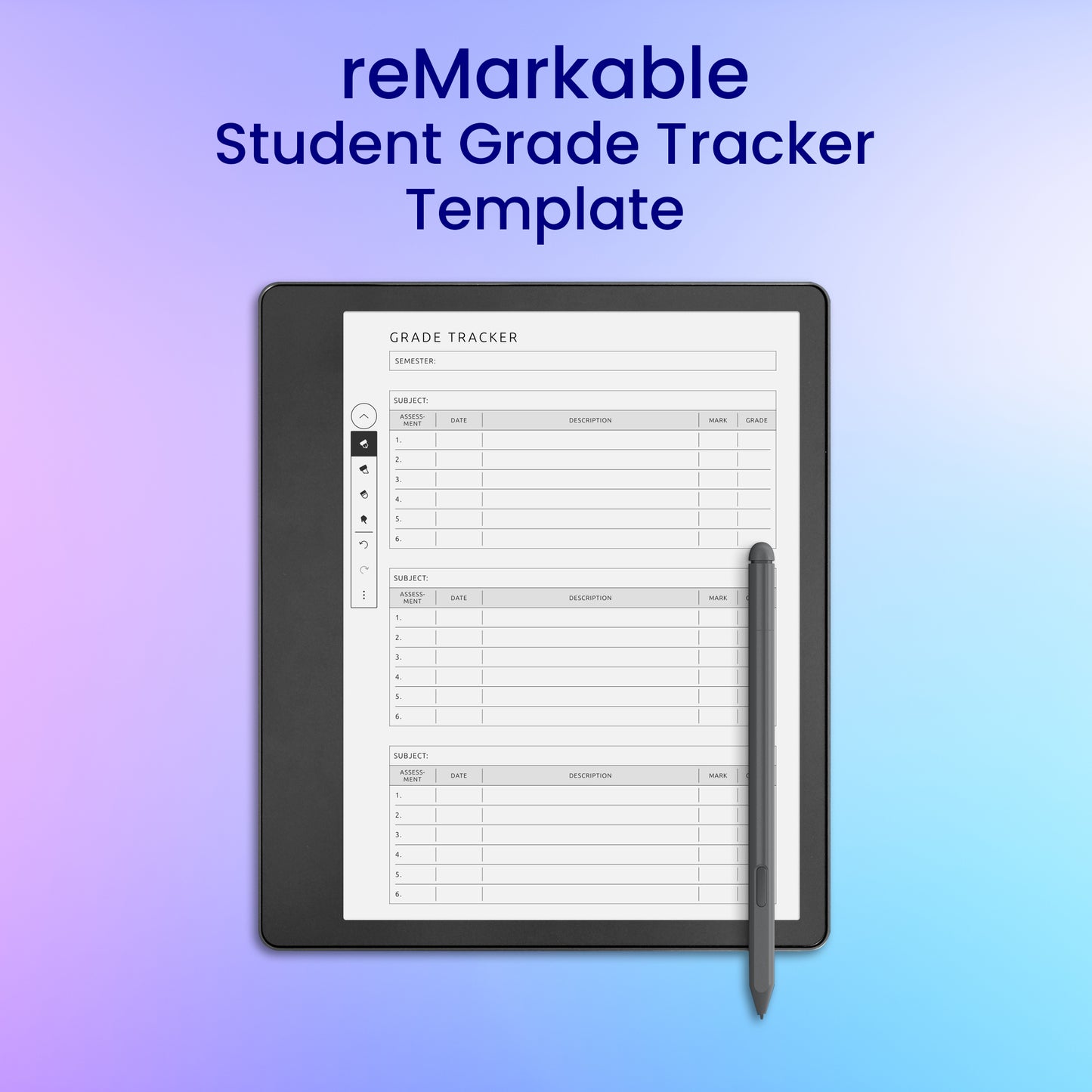 reMarkable 2 Student Grade Tracker Template Planner Template