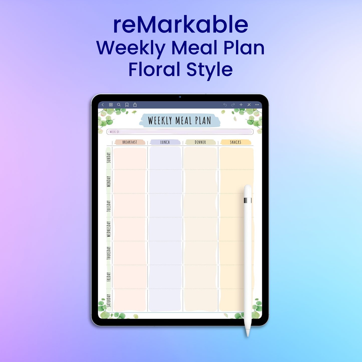 reMarkable 2 Weekly Meal Plan - Floral Style Planner Template