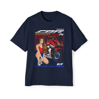 Men's Heavy Oversized Tee - Stop Waiting Start Winning - Honda Motorcycle Graphic T-shirt - CreativeRino