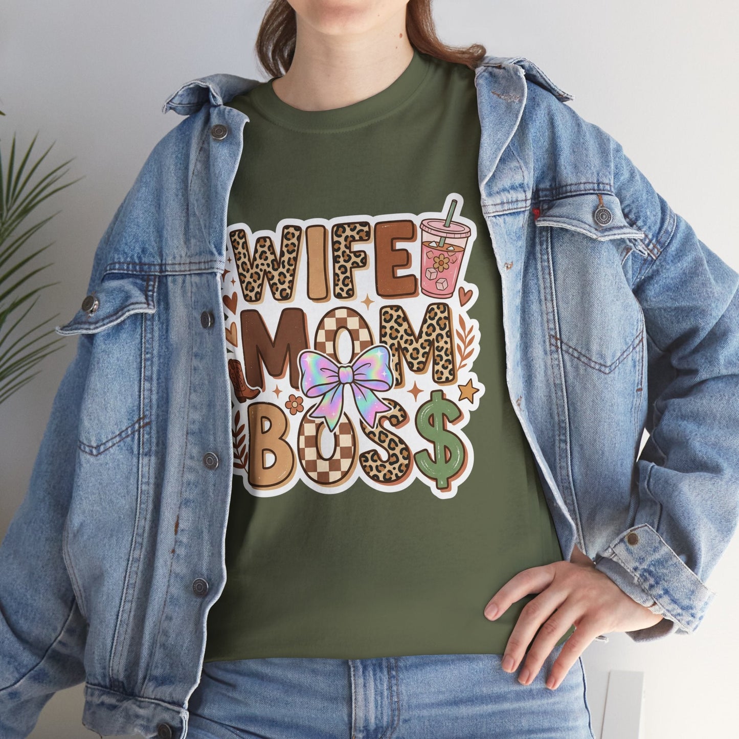 Wife Mom Boss Leopard Graphic Tee – Cute Mom Life Shirt with Bow & Coffee Printify