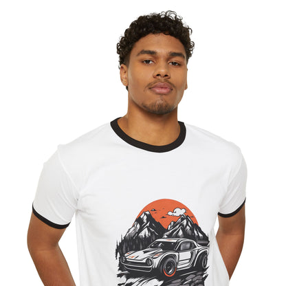 Vintage Car Adventure Unisex Cotton Ringer T-Shirt - Retro Mountain Graphic Tee - CreativeRino