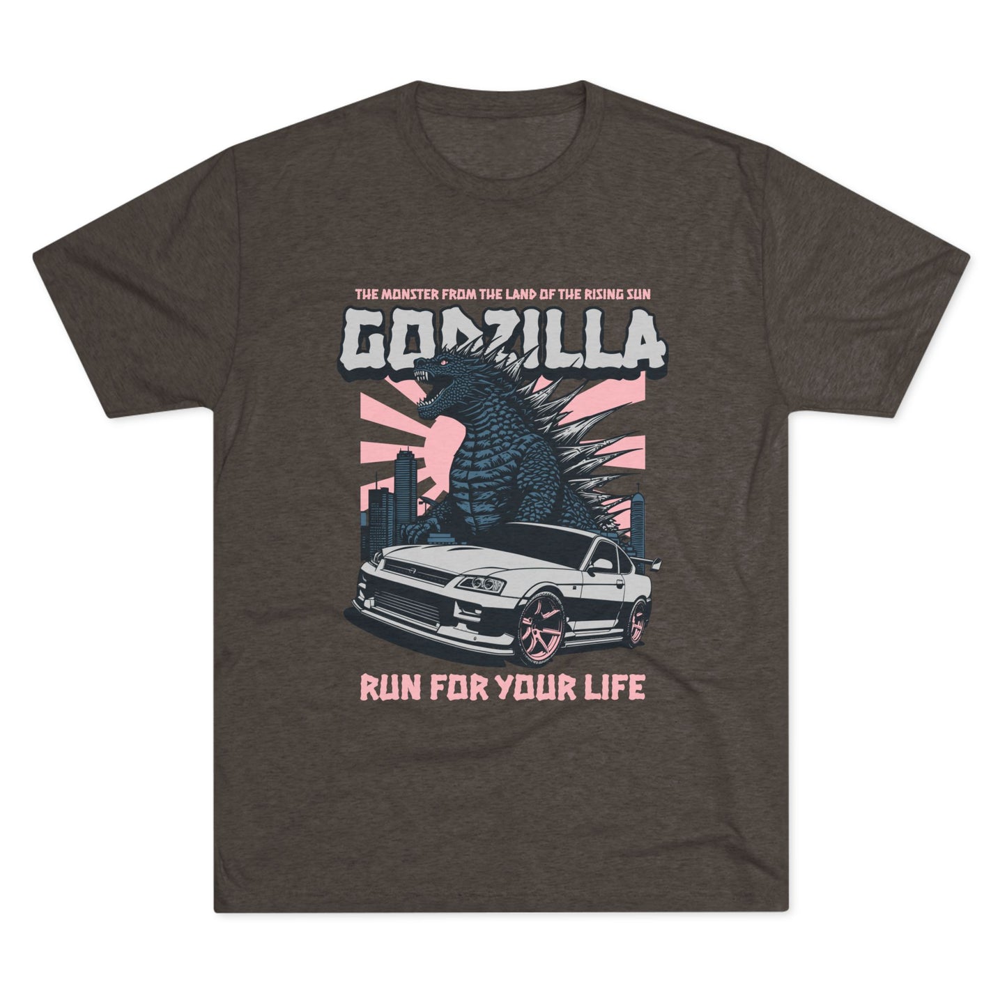 Godzilla Monster Unisex Tri-Blend Crew Tee - Run for Your Life Car T-shirt - CreativeRino