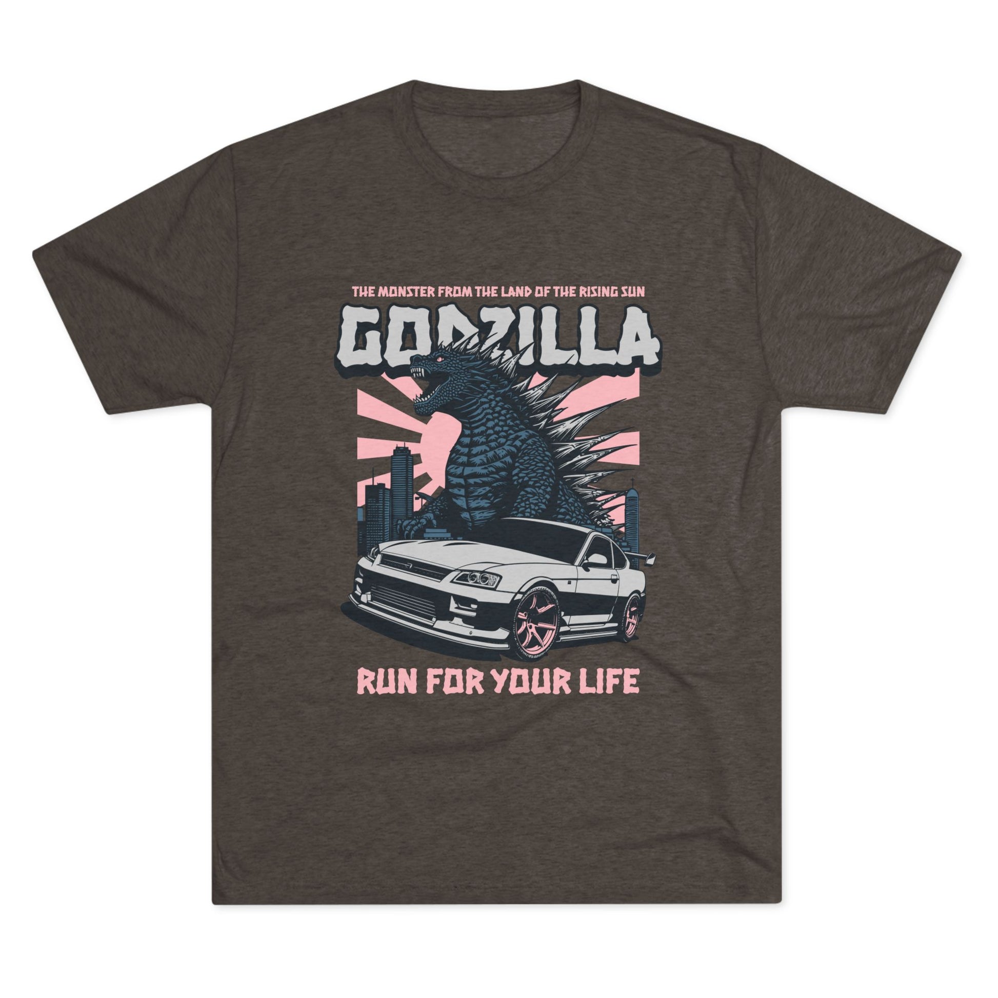 Godzilla Monster Unisex Tri-Blend Crew Tee - Run for Your Life Car T-shirt - CreativeRino