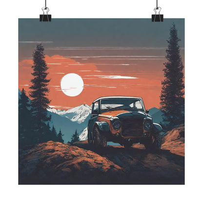 Vintage Adventure Matte Vertical Poster - Retro Jeep and Mountain Sunset Wall Art - CreativeRino