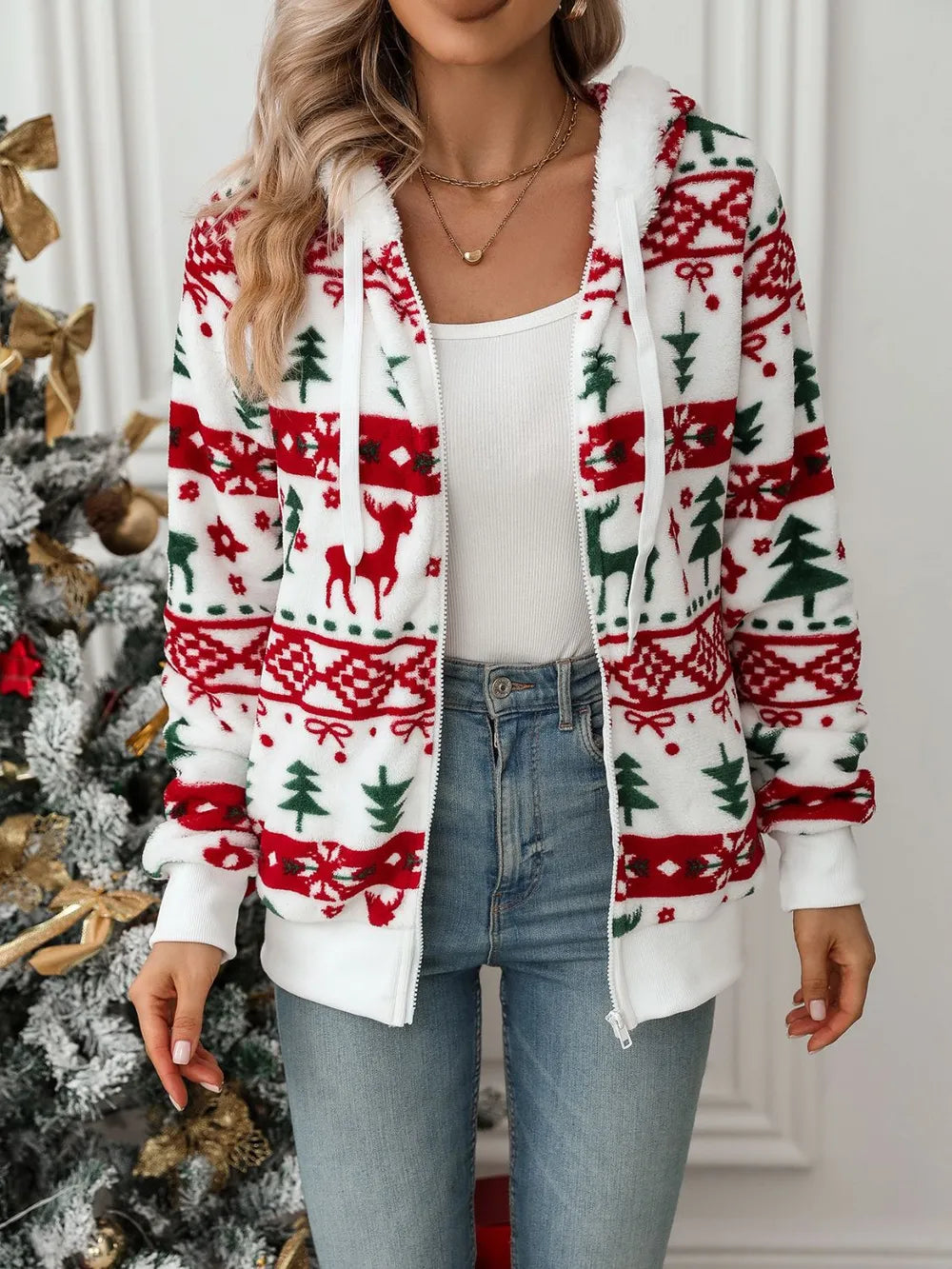Festive Christmas Tree & Deer Zip-Up Hoodie | Drawstring Hooded Jacket eprolo