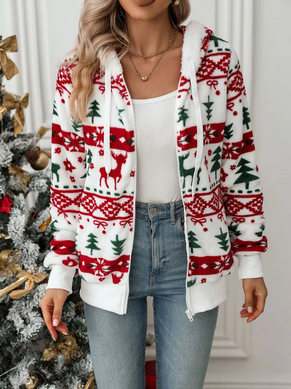 Festive Christmas Tree & Deer Zip-Up Hoodie | Drawstring Hooded Jacket eprolo