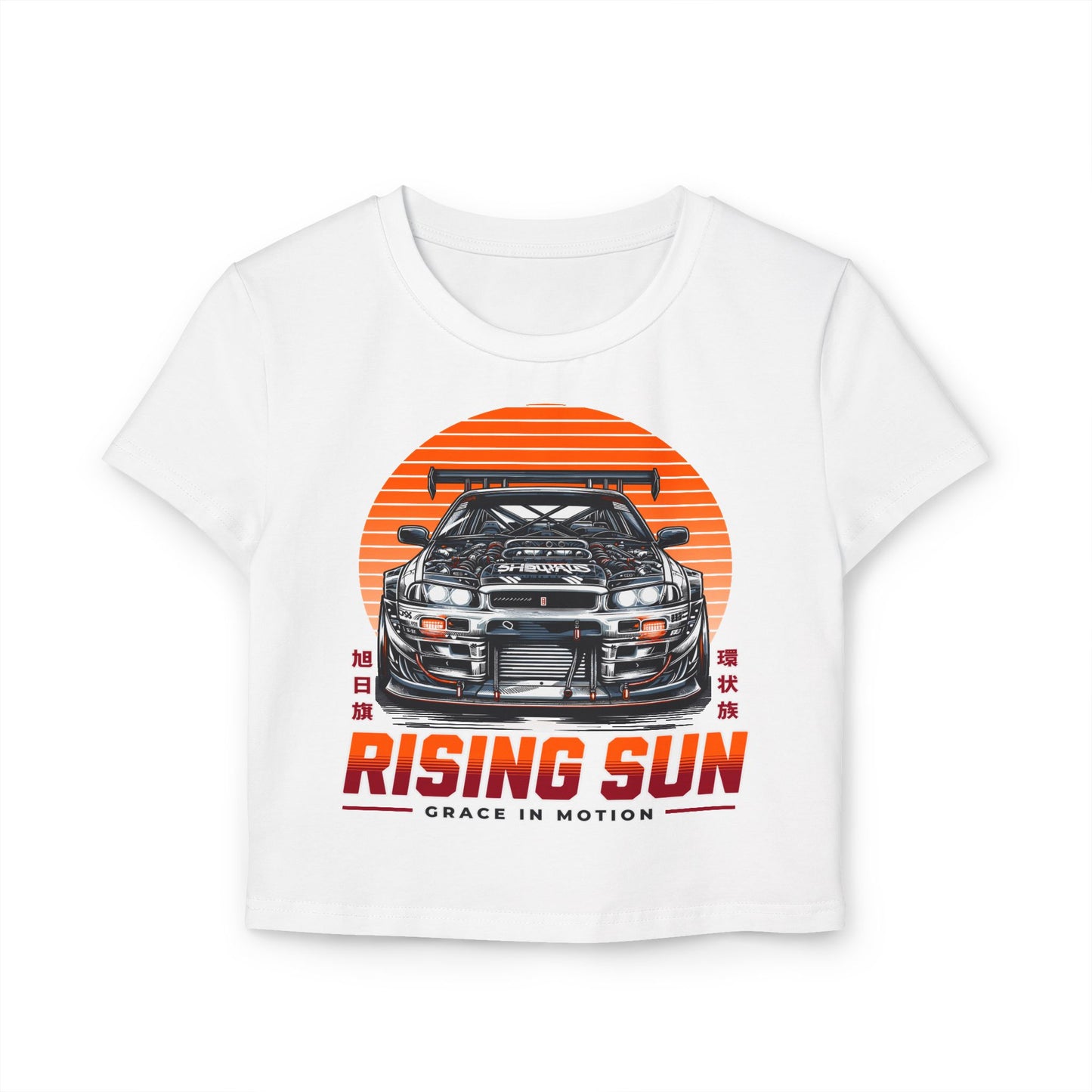 Rising Sun Women's Baby Tee - Stylish Automotive Graphic T-shirt - CreativeRino