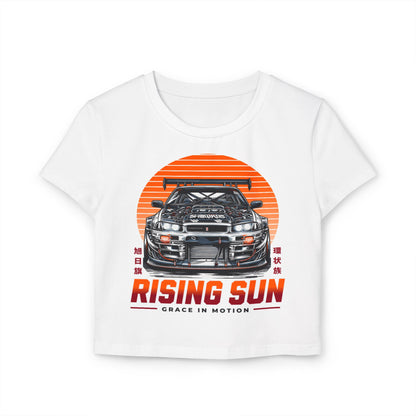 Rising Sun Women's Baby Tee - Stylish Automotive Graphic T-shirt - CreativeRino