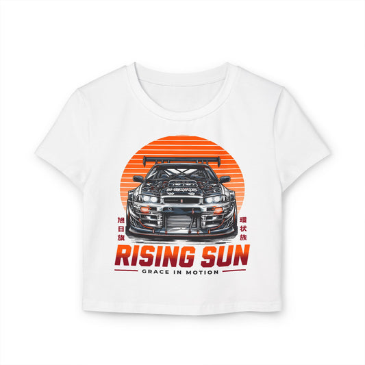 Rising Sun Women's Baby Tee - Stylish Automotive Graphic T-shirt - CreativeRino