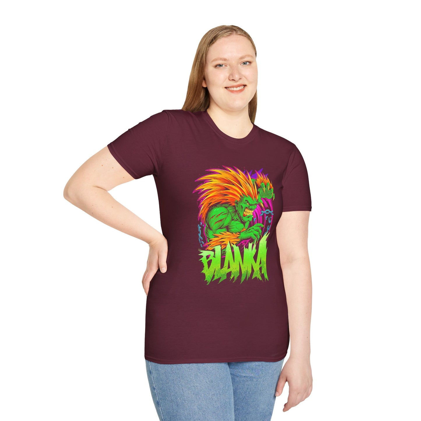 Retro Blanka Graphic Unisex Softstyle T-Shirt - Perfect for Gamers & Comic Fans - CreativeRino