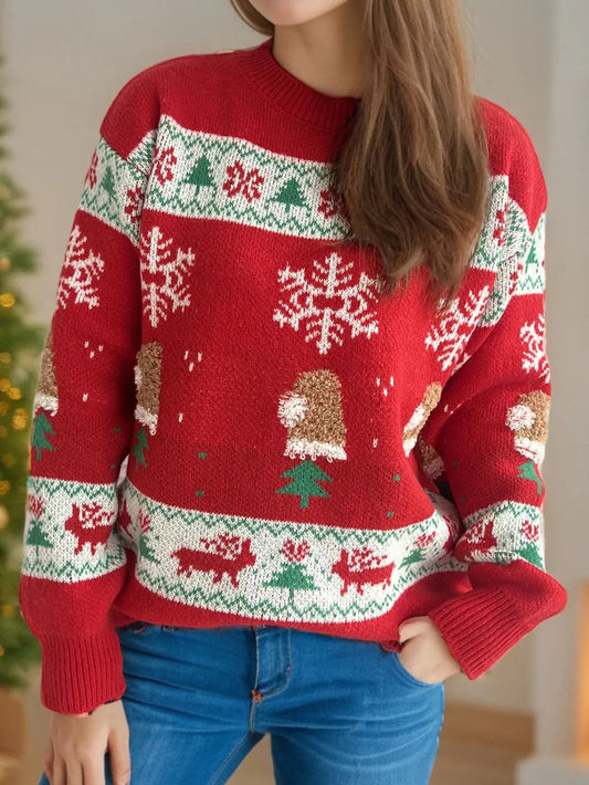 Festive Element Round Neck Long Sleeve Sweater | Cozy Christmas Pullover Top eprolo