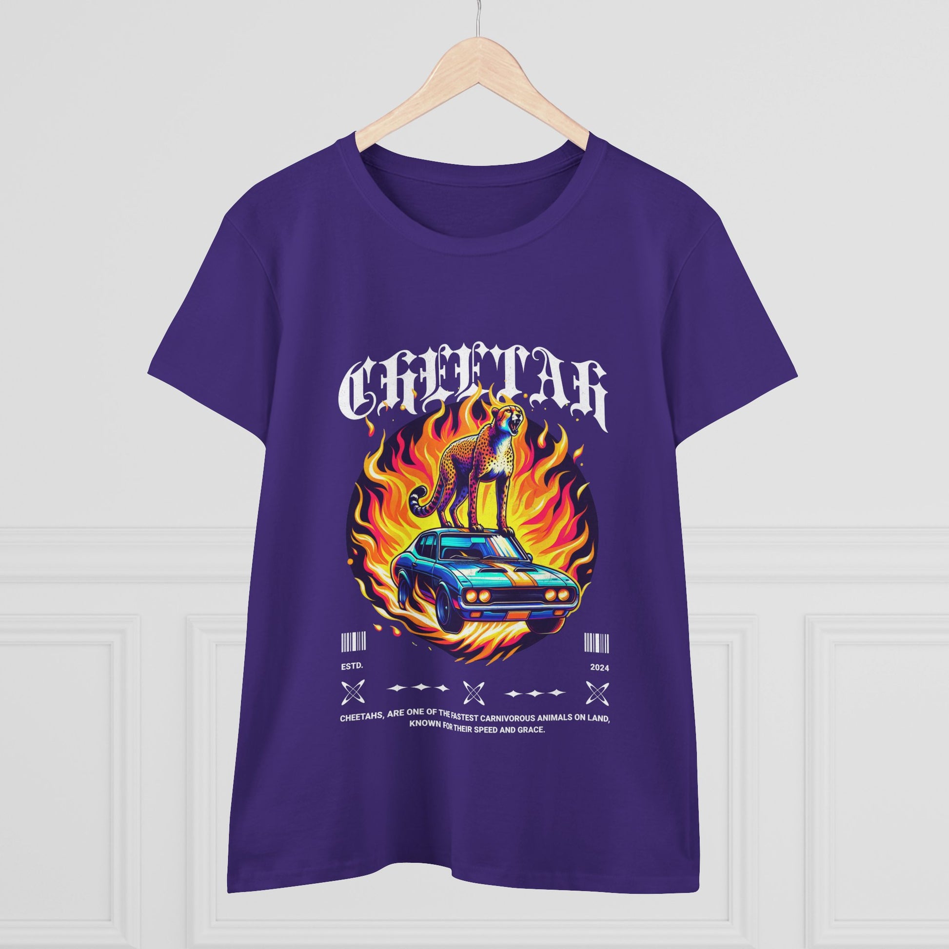 Cool Car and Cheetah Graphic Women's Tee Midweight Cotton T-shirt - CreativeRino