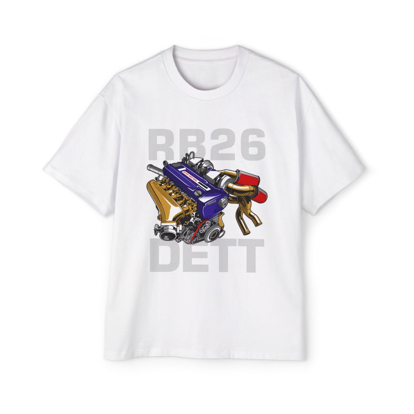 Men's Heavy Oversized Tee - RB26 DETT Engine Graphic T-Shirt for Car Enthusiasts - CreativeRino