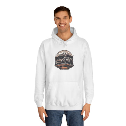 Adventure Awaits: Unisex College Hoodie with Vintage Car Design - CreativeRino