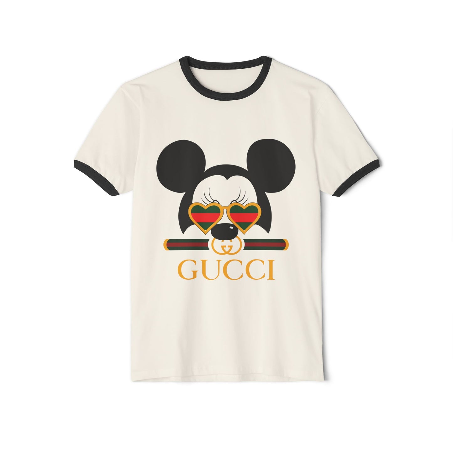 Trendy Unisex Cotton Ringer T-shirt with Cool Mickey Gucci Design - CreativeRino