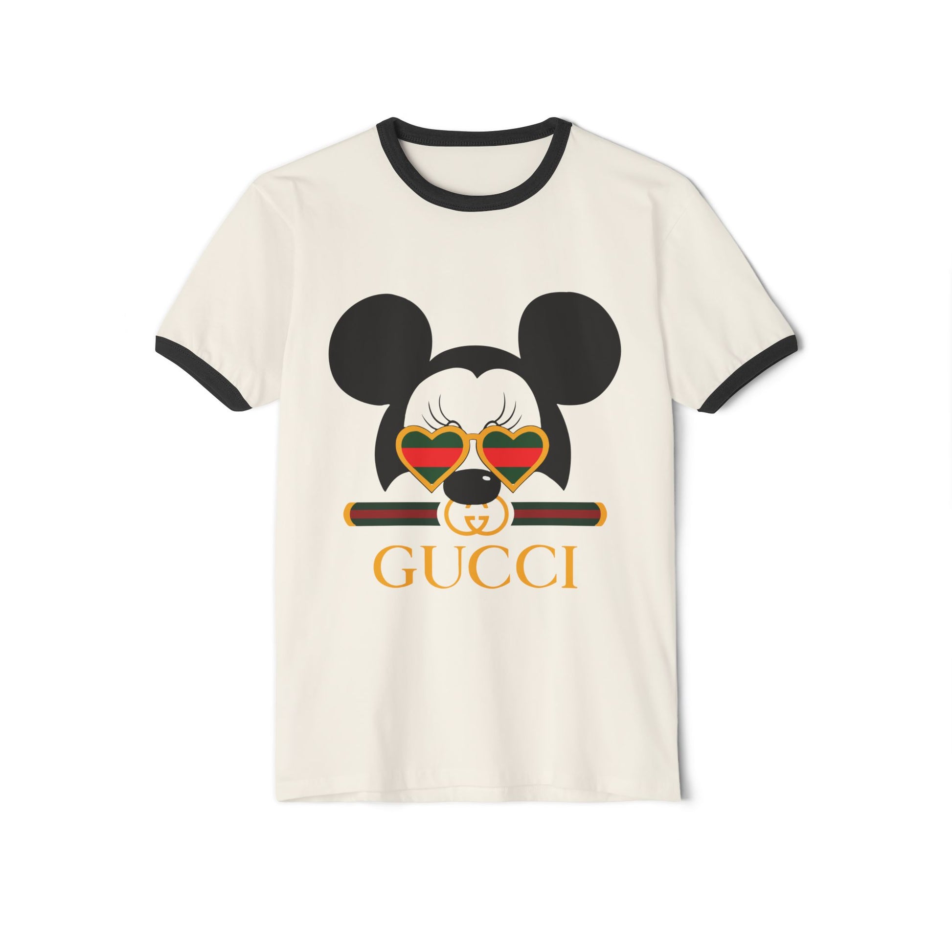 Trendy Unisex Cotton Ringer T-shirt with Cool Mickey Gucci Design - CreativeRino