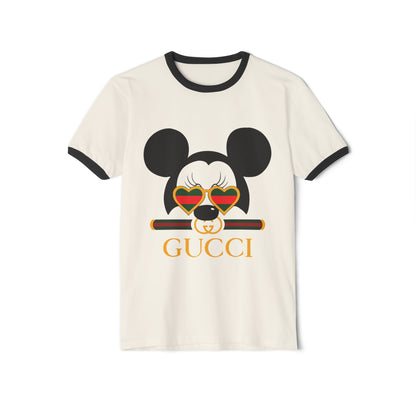 Trendy Unisex Cotton Ringer T-shirt with Cool Mickey Gucci Design - CreativeRino