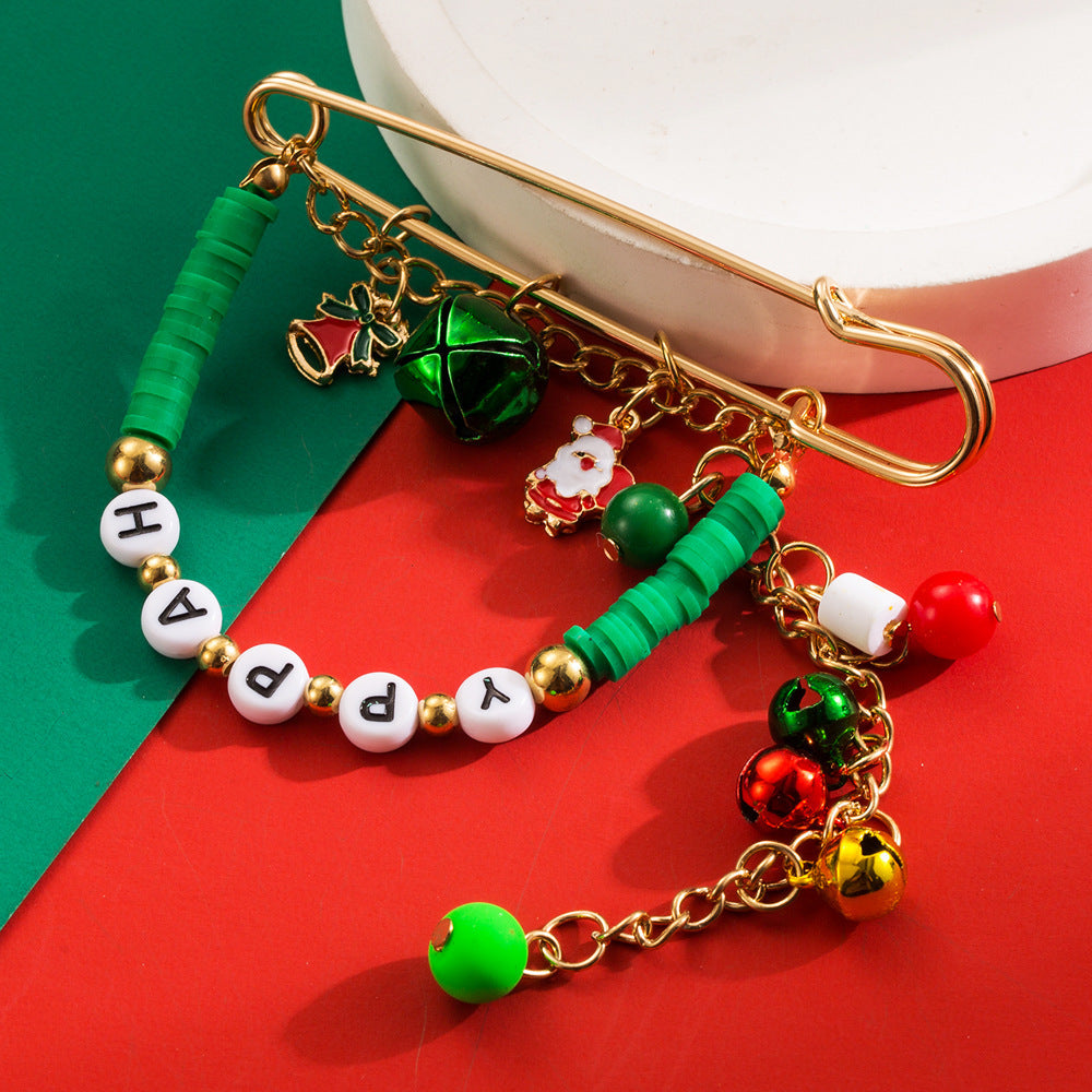 'HAPPY' Letter Christmas Fun Brooch | Alloy Bead & Jingle Bell Holiday Pin Jewelry eprolo