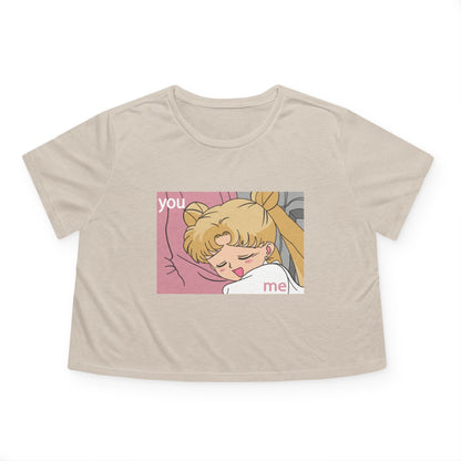 Cute Women's Flowy Cropped Tee - 'You & Me' Graphic, Sailor Moon Perfect T-shirt for Cozy Days and Casual Outings - CreativeRino
