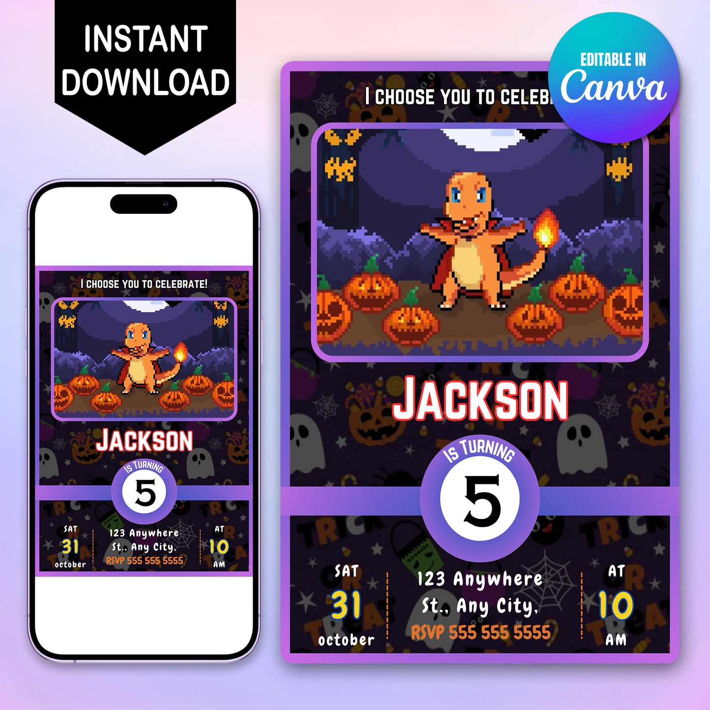 Charizard Halloween Birthday Party Invitation Card - CreativeRino