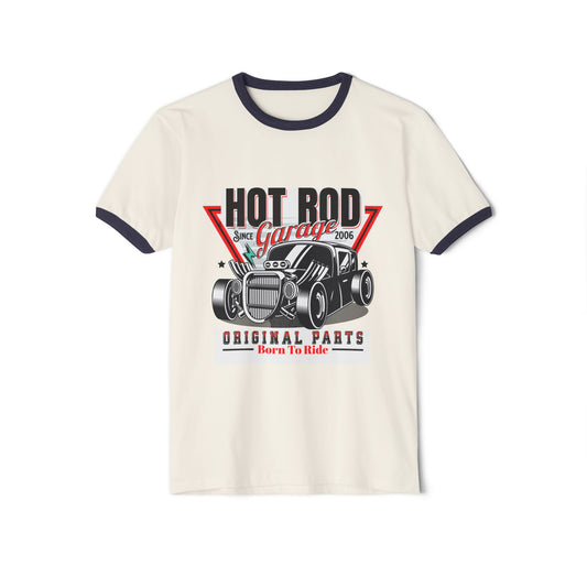 Hot Rod Garage Unisex Cotton Ringer T-Shirt - Born To Ride Vintage Tee - CreativeRino