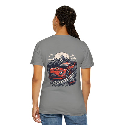 Adventure Awaits Unisex Garment-Dyed T-shirt - Red Sports Car Design - CreativeRino