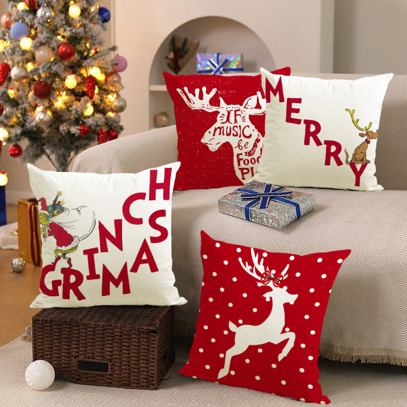 Linen Deer Print Lumbar Pillow Cover | Christmas Holiday Waist Cushion for Sofa Decor eprolo