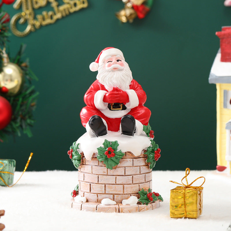 Santa Claus Sitting on Chimney Resin Figurine | Indoor/Outdoor Christmas Scene Ornament