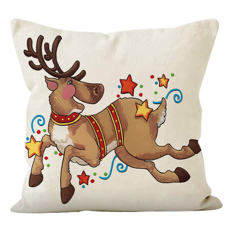 Festive Reindeer Print Linen Pillow Cover | Christmas Holiday Sofa Decoration eprolo