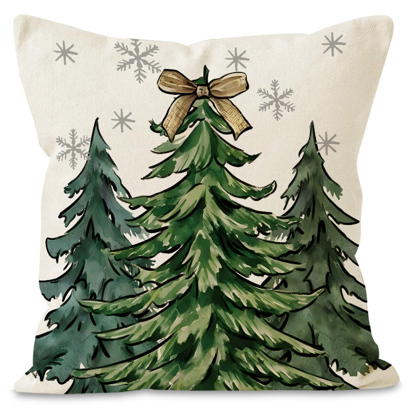 Green Christmas Tree & Snowflake Linen Pillow Cover | Festive Letter Printed Cushion Case for Holiday Decor eprolo