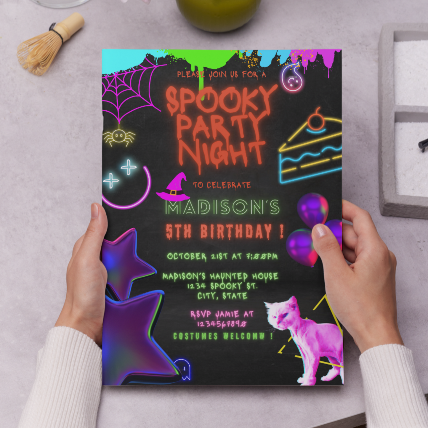 Neon Spooky Halloween Birthday Party Invitation Template