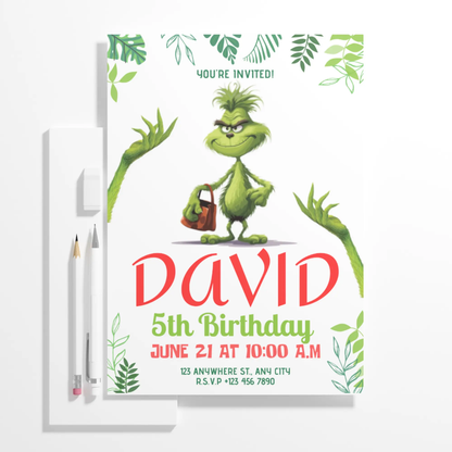 Baby Grinch Christmas Birthday Invitation Template - CreativeRino