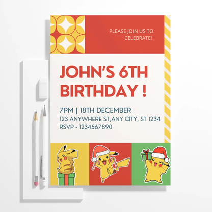 Pikachu Pokemon Christmas Birthday Invitation Template - CreativeRino