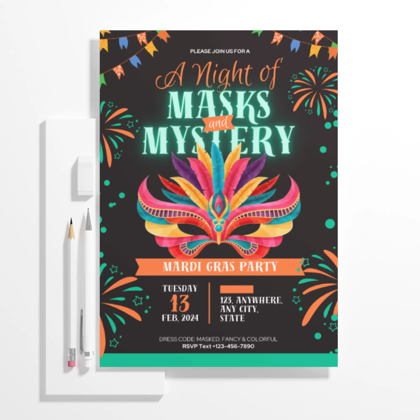 Mardi Gras Mask Party Invitation Template - CreativeRino