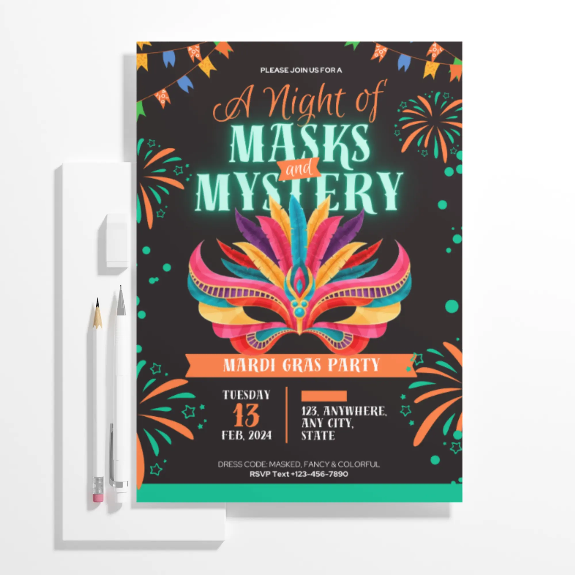Mardi Gras Mask Party Invitation Template - CreativeRino