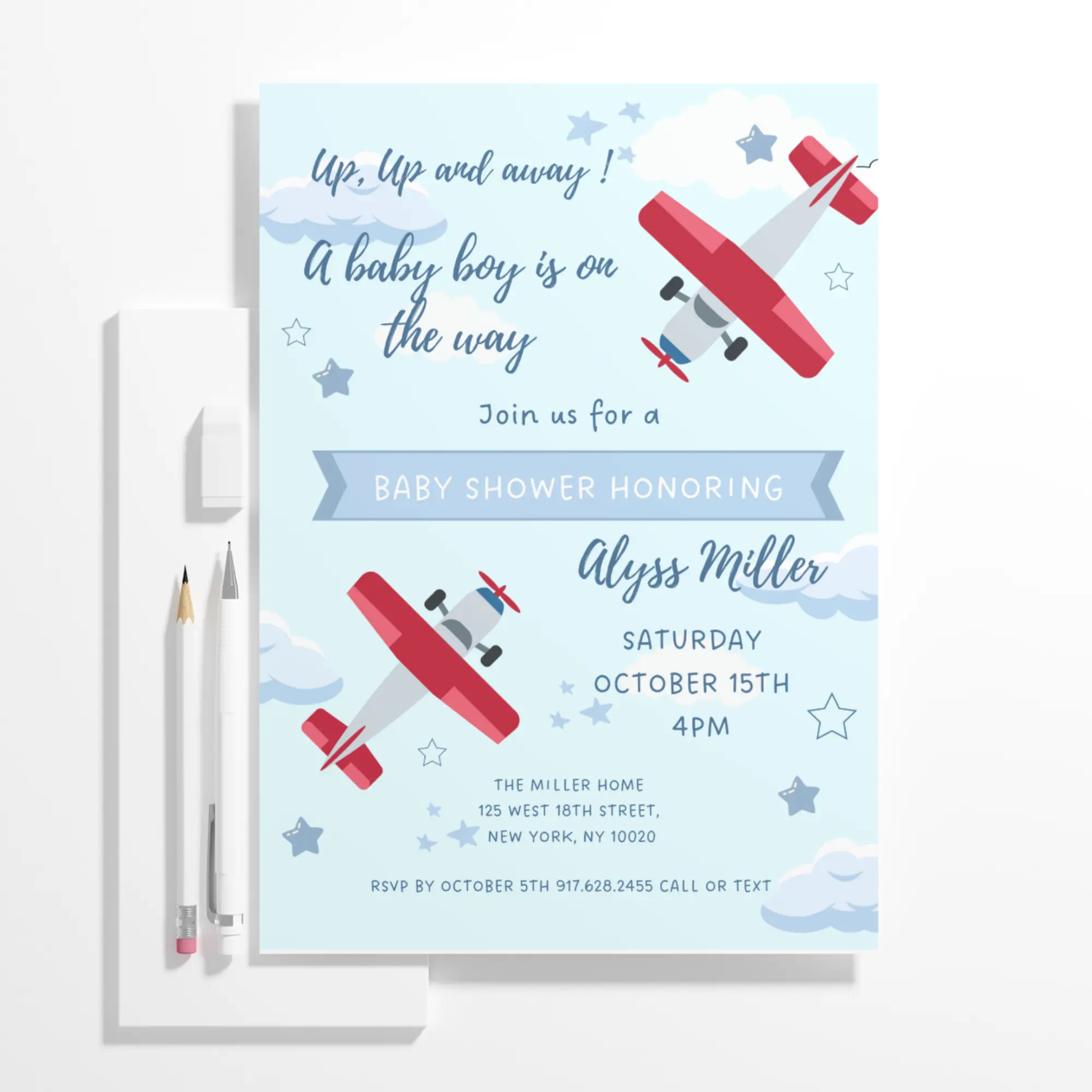Airplane Baby Shower Invitation Template - CreativeRino