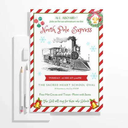 Christmas North Pole Express Train Invitation Flyer Template - CreativeRino