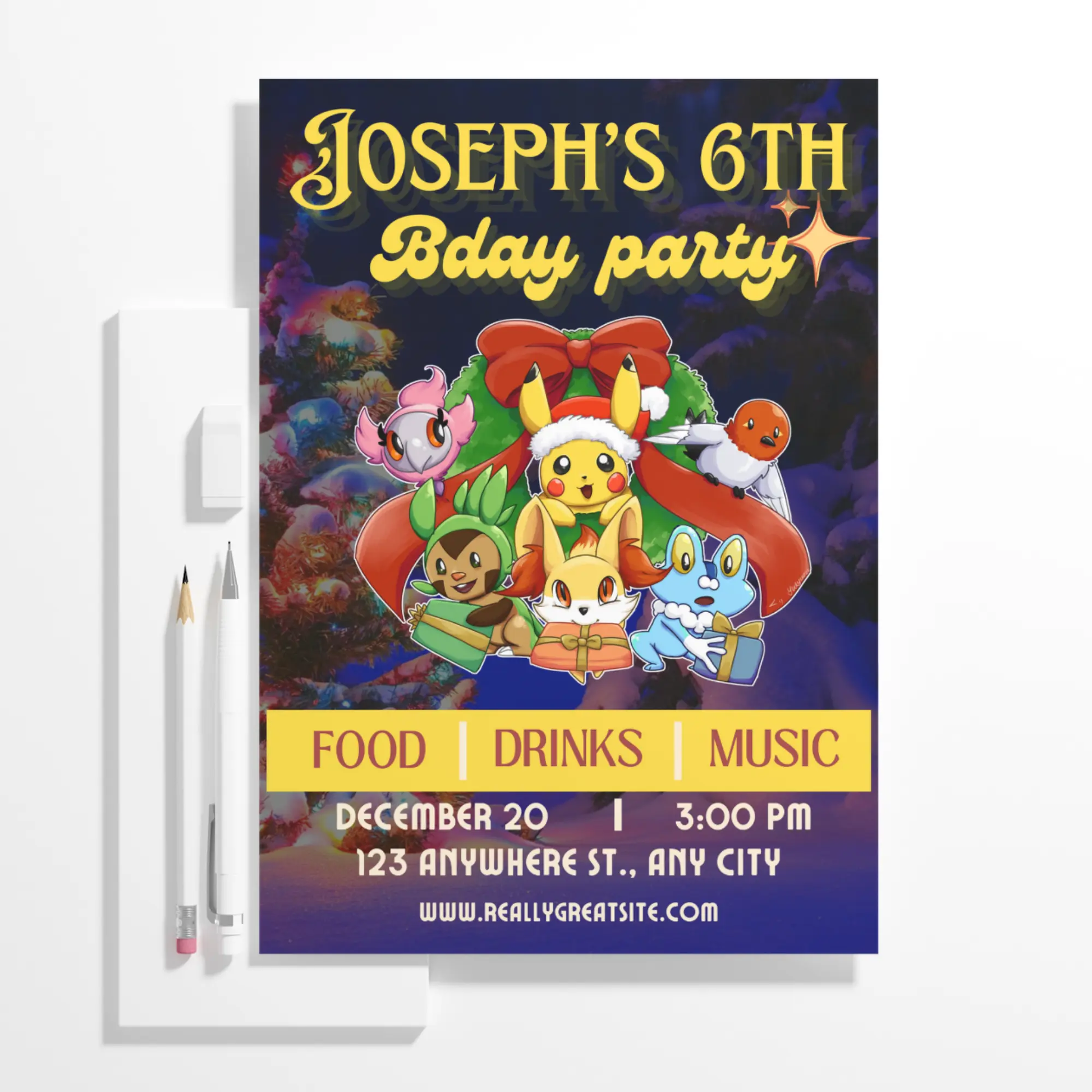 Pokemon Christmas Birthday Invitation Template - CreativeRino