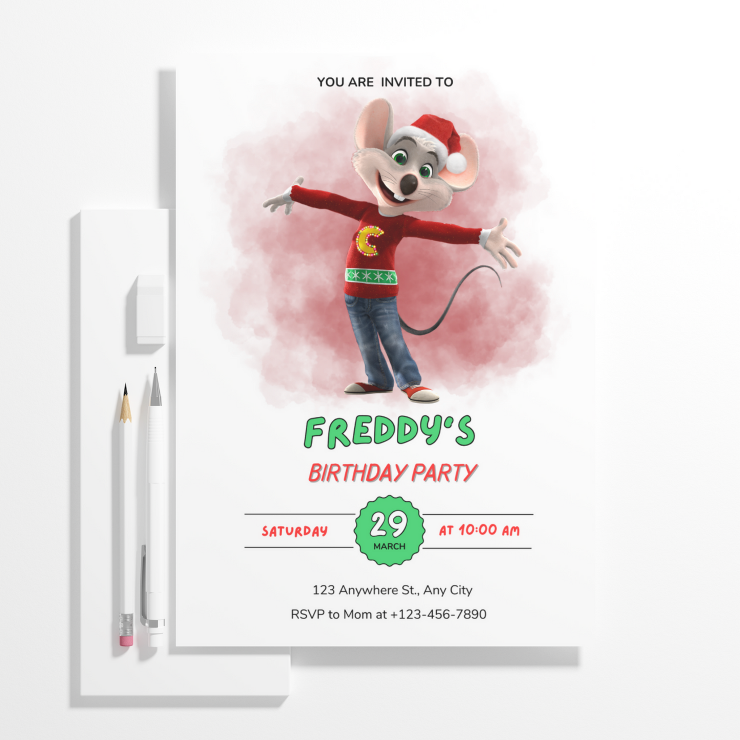 Chuck E Cheese Mouse Christmas Birthday Invitation Template