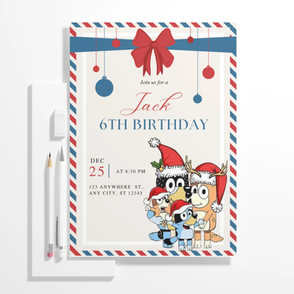 Bluey and Bingo Christmas Birthday Invitation Template - CreativeRino