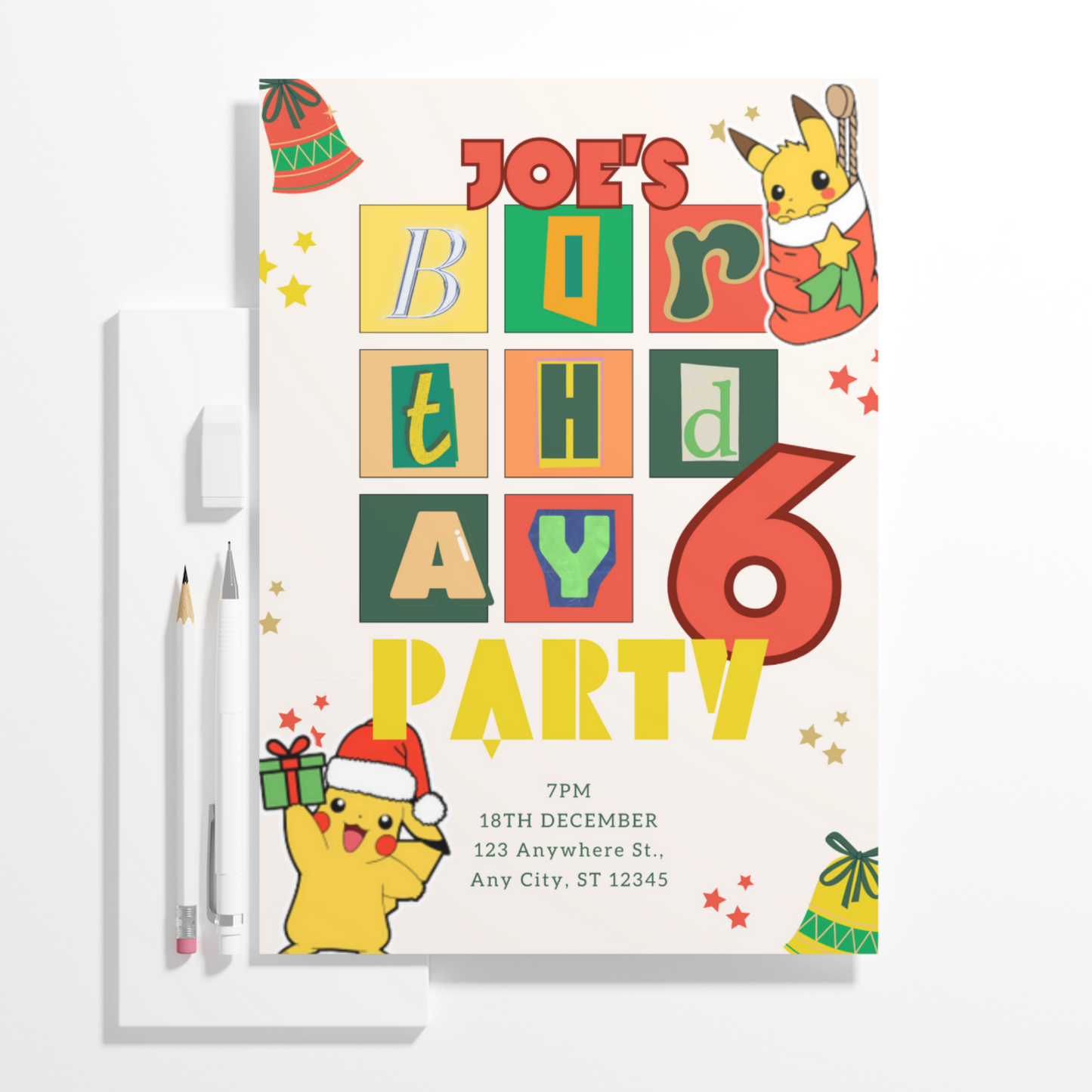 Pikachu Pokemon Christmas Birthday Invitation Template