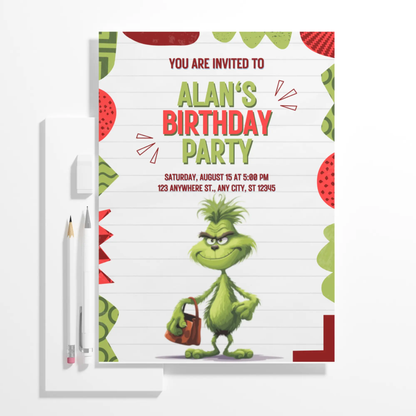 Baby Grinch Birthday Invitation Template - CreativeRino