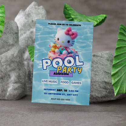 Kawaii Kitty Pool Birthday Party Invitation Template - CreativeRino