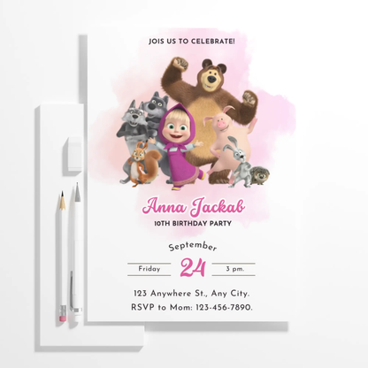 Masha And The Bear Birthday Invitation Template - CreativeRino