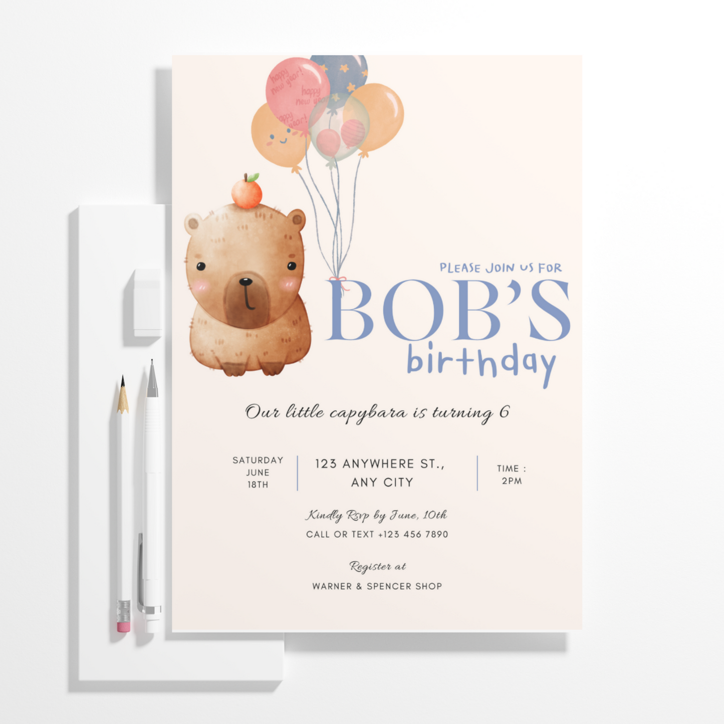 Capybara Birthday Invitation Template